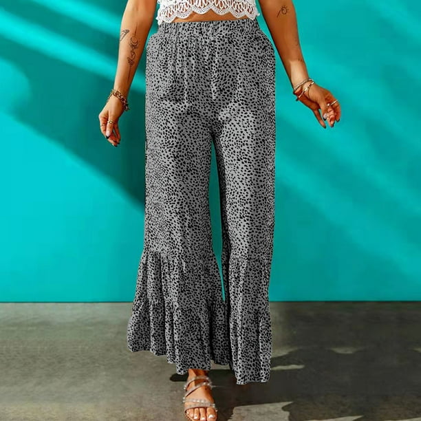 Pants Clearance Trendy Women Summer Casual Loose High Waist Pleated Wide  Printing Trousers Pants Gray L 