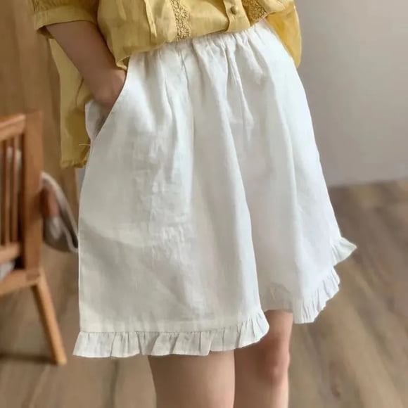 White Biker Shorts Women's Summer Cotton Linen Shorts Loose Fit Elastic Waist Knee Length Cosy Shorts Casual Beach Shorts with Pockets