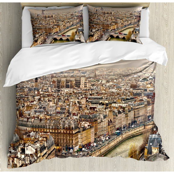 Eiffel Tower Duvet Cover Set, Paris Streets Busy Day Buildings Bridge River City Horizon Photography Print, Decorative 3 Piece Bedding Set with 2 Pillow Shams, King Size, Beige, by Ambesonne