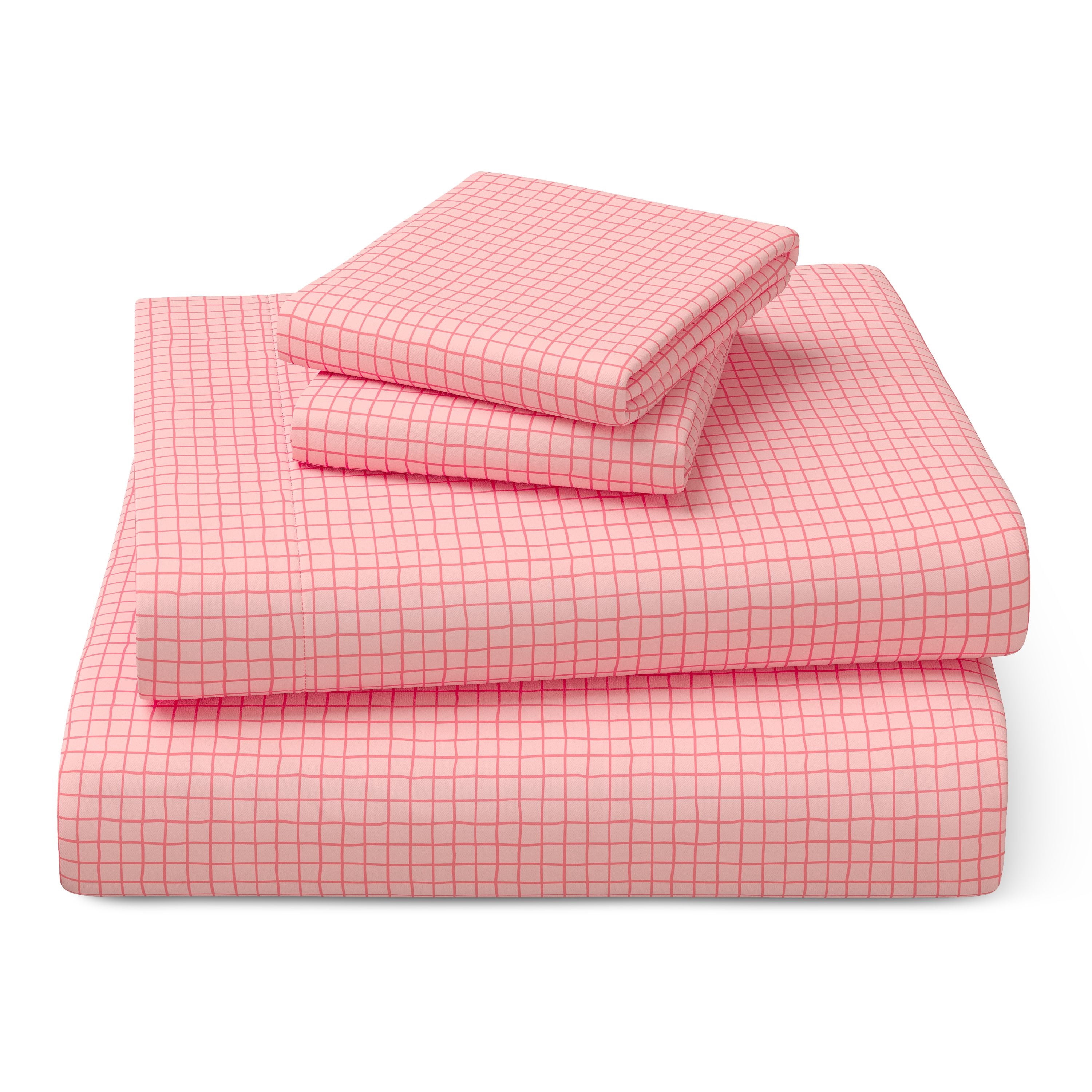 Mainstays Kids Microfiber Bed Sheet Set, Queen, Pink Grid, 4 Pieces