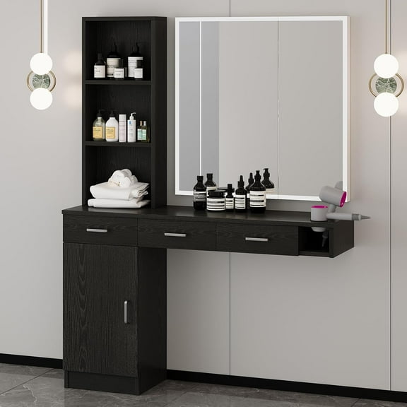 DreamCurship Wall Mount Salon Stations, Barber Station with 3 Hair Dryer Holder, Beauty Salon Spa Equipment with 2 Drawers, 1 Storage Cabinet, Black