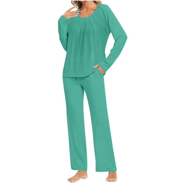 Yuyuzo Ensembles de Pyjama pour Femmes 2 Pcs Pyjamas Vêtements de Détente Col Ras du Cou Manches Longues Hauts Pantalons Doux avec Poches