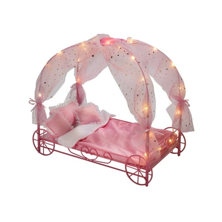 Badger Basket Royal Carriage Bed with Canopy, Bedding, LED Lights for 18 inch Dolls -Pink