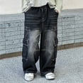 thumbnail image 2 of KAUOD Kids Teen Cargo Baggy Jeans Boys Loose High Waist Straight Wide Leg Hip Hop Stretchy Pants Retro Multi Pocket Streetwear, 2 of 7