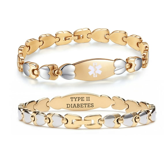 Linnalove Double Heart Medical Alert Bracelet for Women, 7.5 Inches, Gold Stainless Steel, Diabetic Type 2