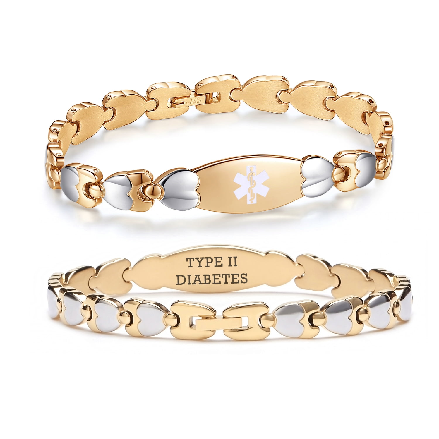 Linnalove Double Heart Medical Alert Bracelet for Women, 7.5 Inches, Gold Stainless Steel, Diabetic Type 2