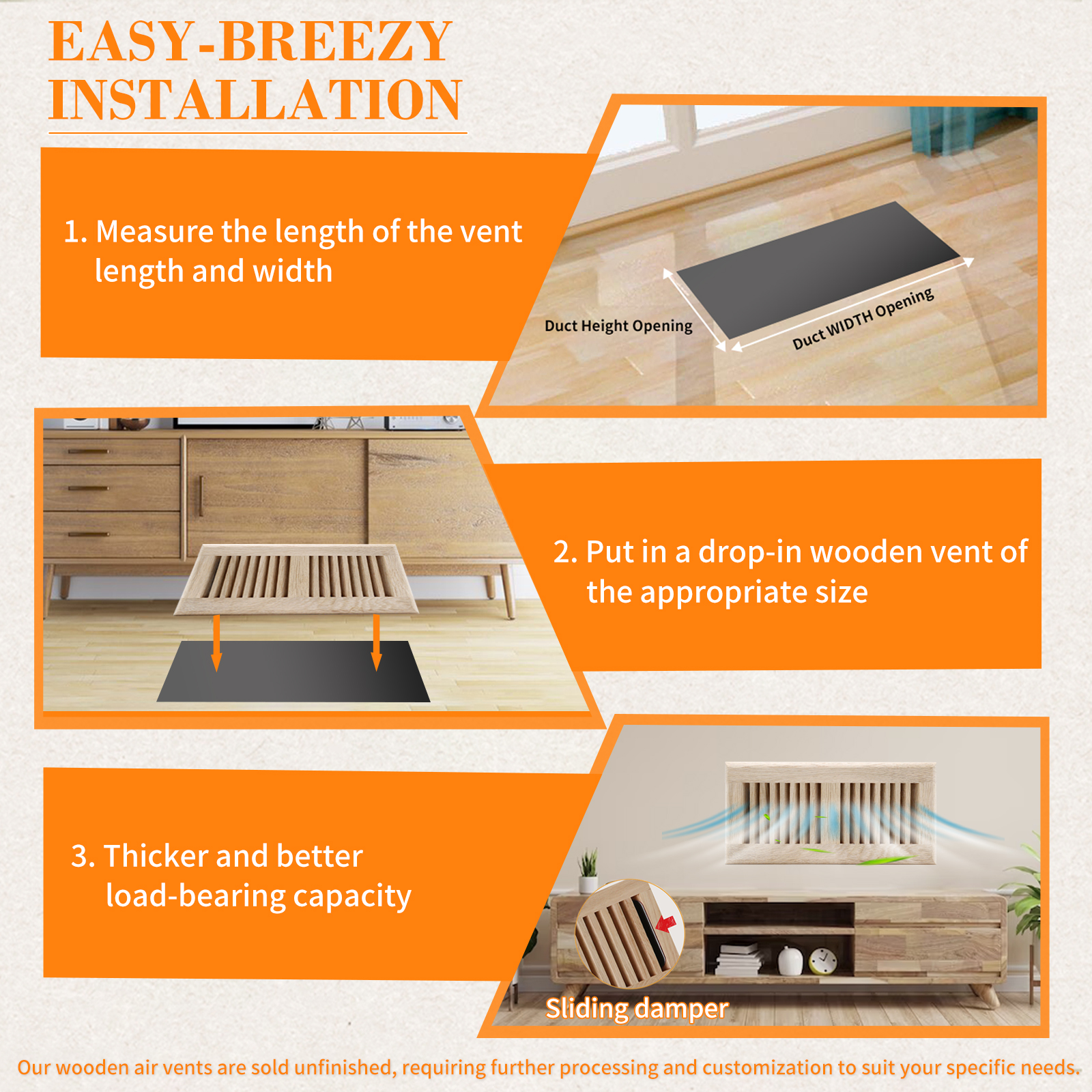 Pack of Two 4x10 inch White Oak Wood Floor - Drop in Vent Register with Damper Wooden Vents Covers