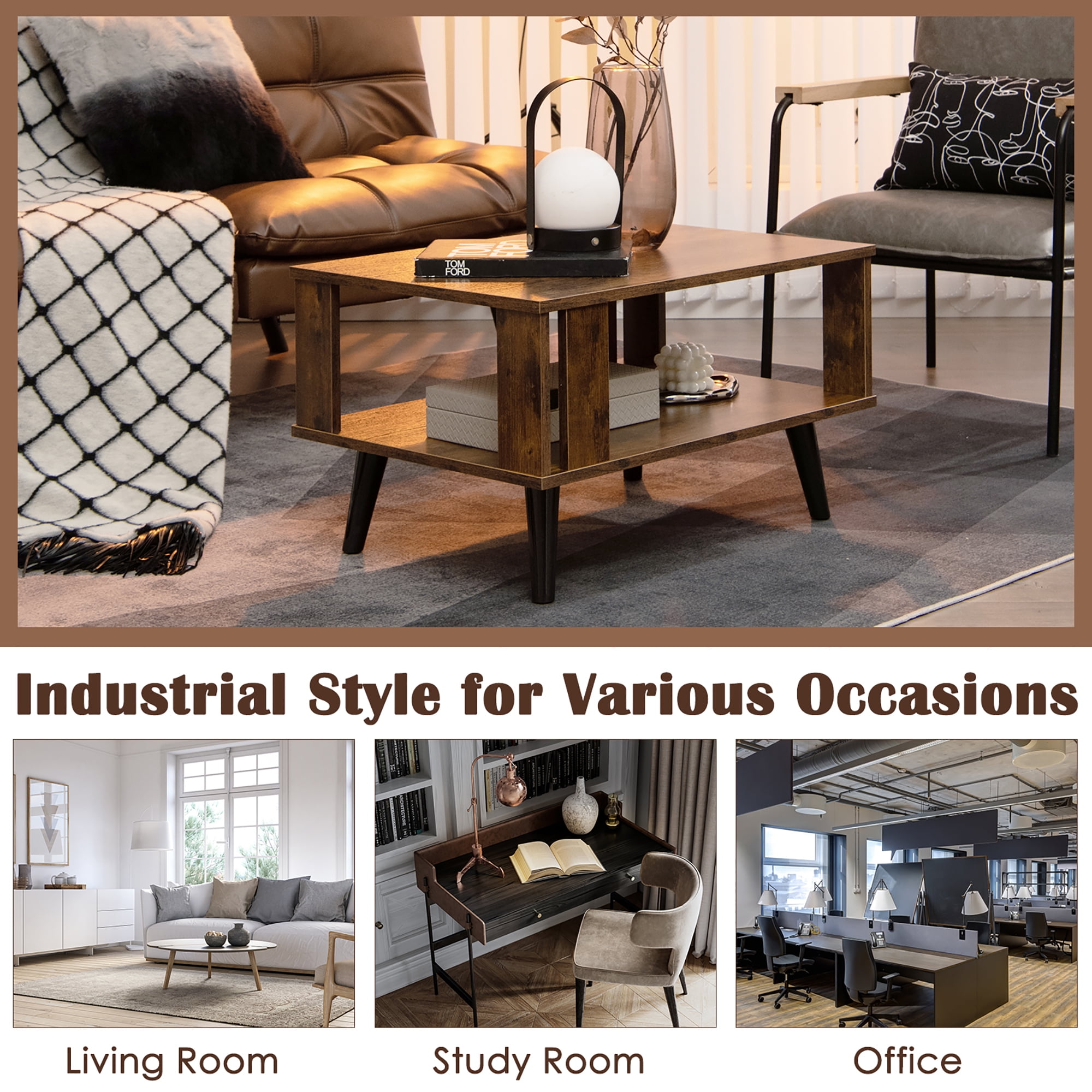 Costway Coffee Table Retro Mid-Century Coffee Table W/Storage  Open Shelf Living Room