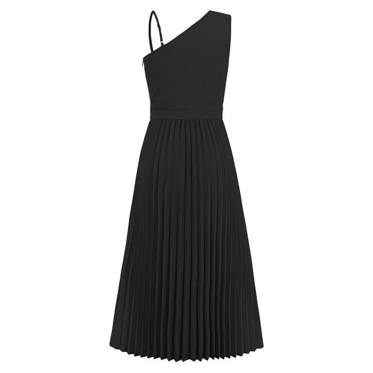 Atoysoy Women's Tea Length A Line Dress Solid Color Pleated Retro One Shoulder Boho Beach Elegant Casual Pleated Cutout Trendy Workout Sleeveless