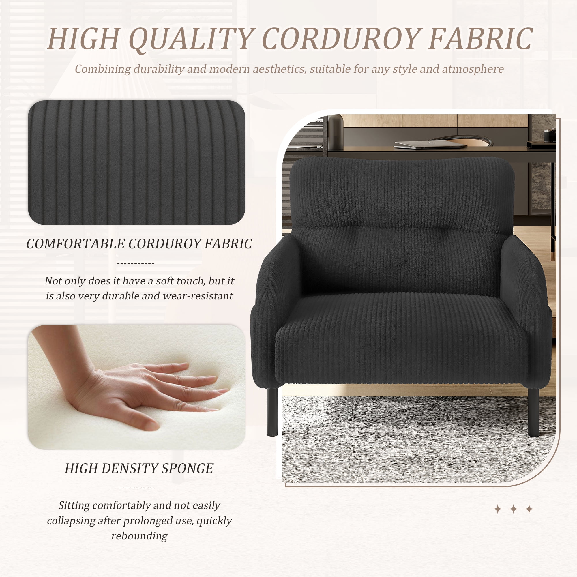 Modern Accent Chair,Armchair,Corduroy Fabric Sofa Chairs,Upholstered Armchair for Living Room,Bedroom,Office,Gray
