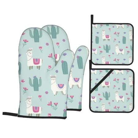 

Oven Mitts and Pot Holders 4 pcs Set Cute Alpaca Cactus Plant Flowers Heat Resistant Pot Holders Oven Mitts for kitchen Non-Slip Hanging Loop Oven Glove Potholders for Baking Cooking