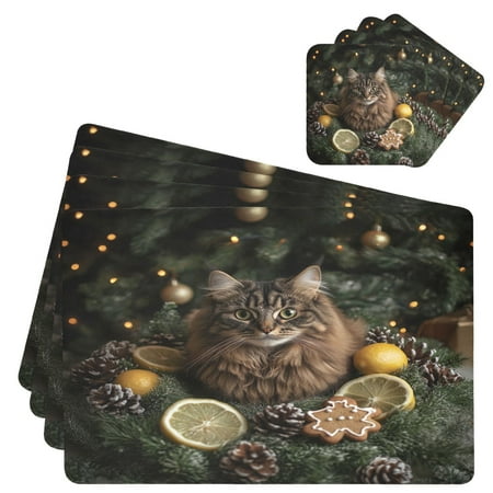 

Wobogo A Fluffy Cat Placemats Coasters Set of 4 Heat-resistant Non-slip Easy to Clean Square Dinner Plate Mat
