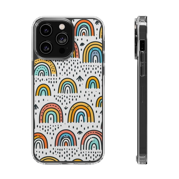 DistinctInk Hybrid (Acrylic / TPU) Clear Slim Fit Case for Apple iPhone 12 Pro MAX (6.7" Screen) - "Whimsical Harmony: Vibrant, Hand-Drawn Rainbow Patterns"