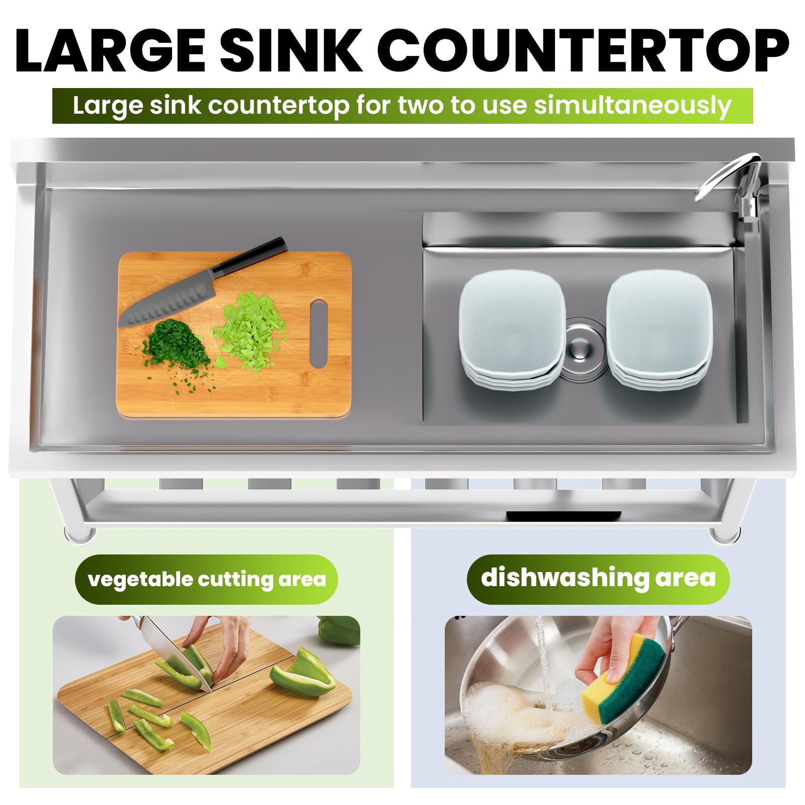 Stainless Steel Commercial Sink, Freestanding Single High Capacity Utility Sinks, with Pull-Out Faucet & Storage Shelf, for Kitchen, Laundry Room, Garage, Outdoor Garden – 47.3" x 18.5" x 33.6"