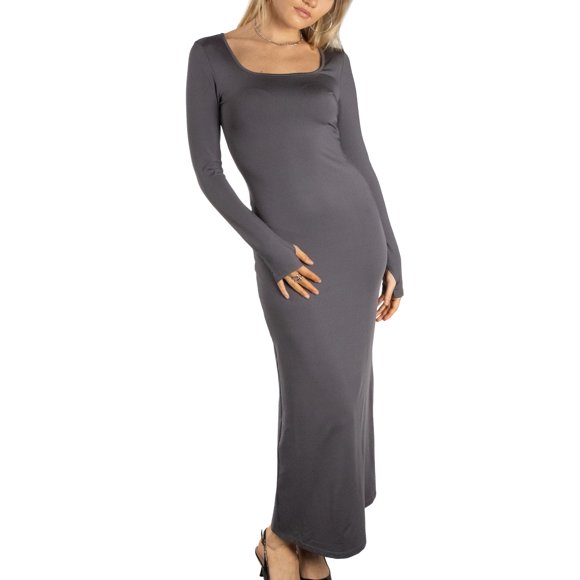 Jess by Meiko Robe pour Femme Manches Longues Encolure Carrée Trou pour le Pouce Robe Moulante Sculptante Maxi m Gris