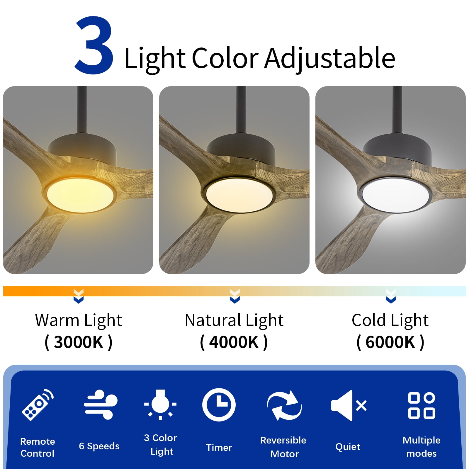 Wozzio 52 inch Ceiling Fan with Light and Remote,DC Motor,3CCT Dimmable LED Light,3 Amber Wood Blades,Indoor & Outdoor
