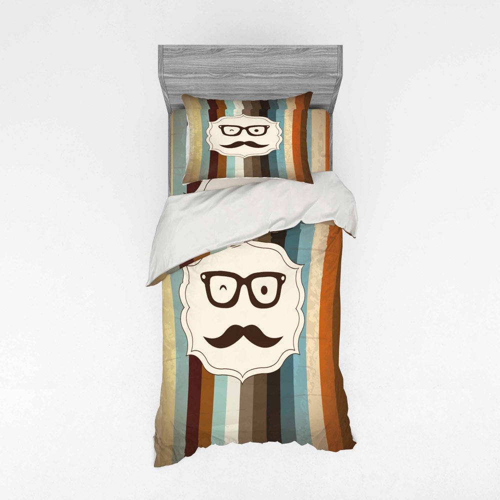 Modern Duvet Cover Set, Funny Man Face with Moustache and Glasses