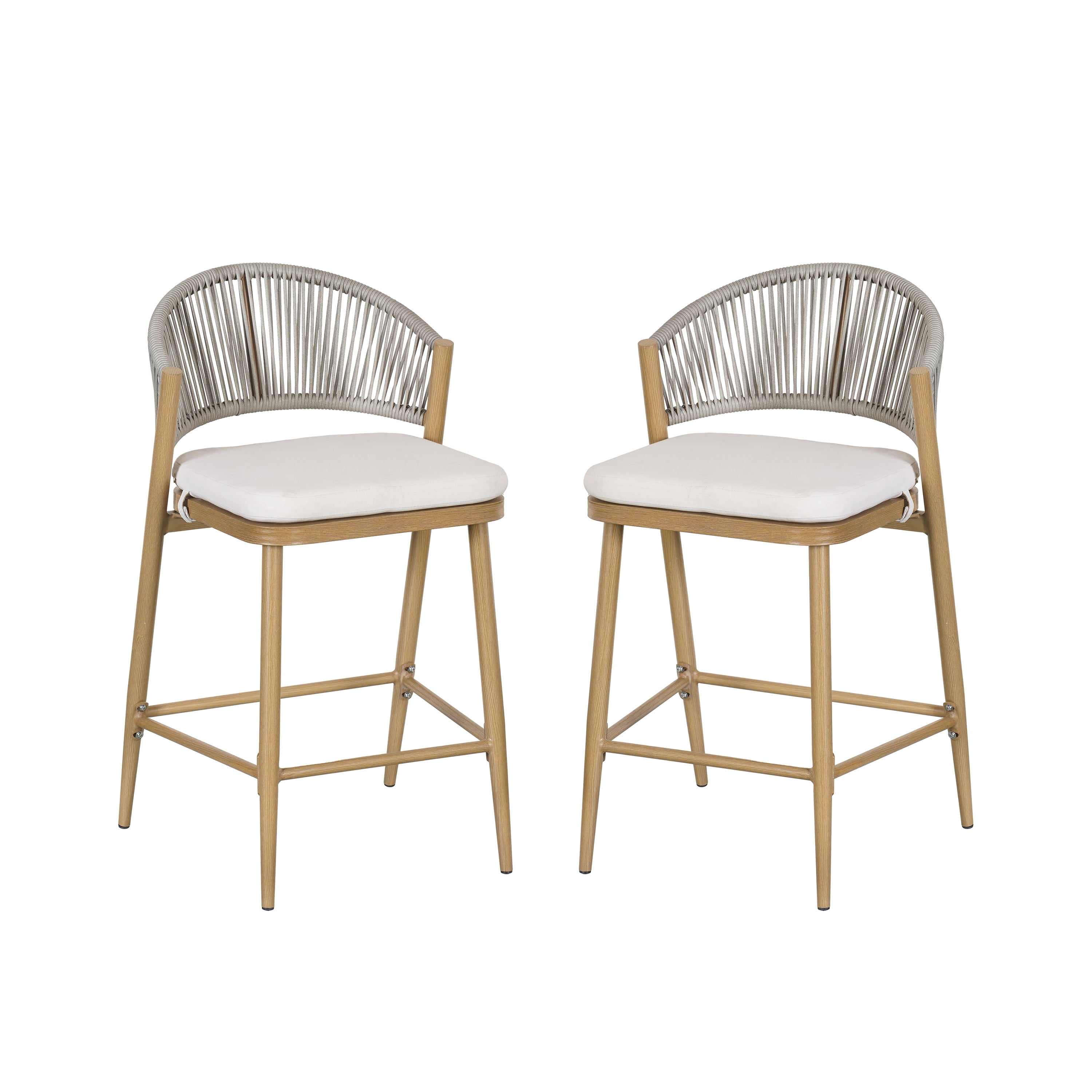 Counter Stools Set of 2, Outdoor 26 Inch Seat Height Aluminum Frame Stools with PE Rattan Scallop-Shaped Backrest, Maple Finish