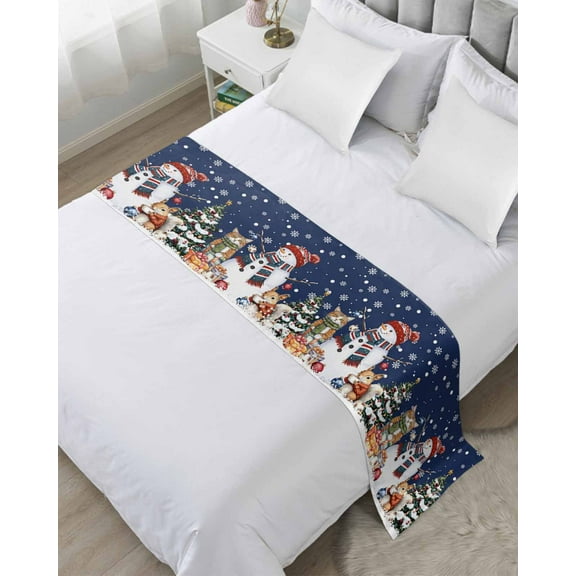 Xipuska Blue Christmas Bed Runners for Queen Size Bed, Decorative Bed Throws for Foot of Bed, Snowman Squirrel Cat Snowflakes Pine Tree Bed Runner Sofa Throw Bedding Scarf Slipcover for Bedroom