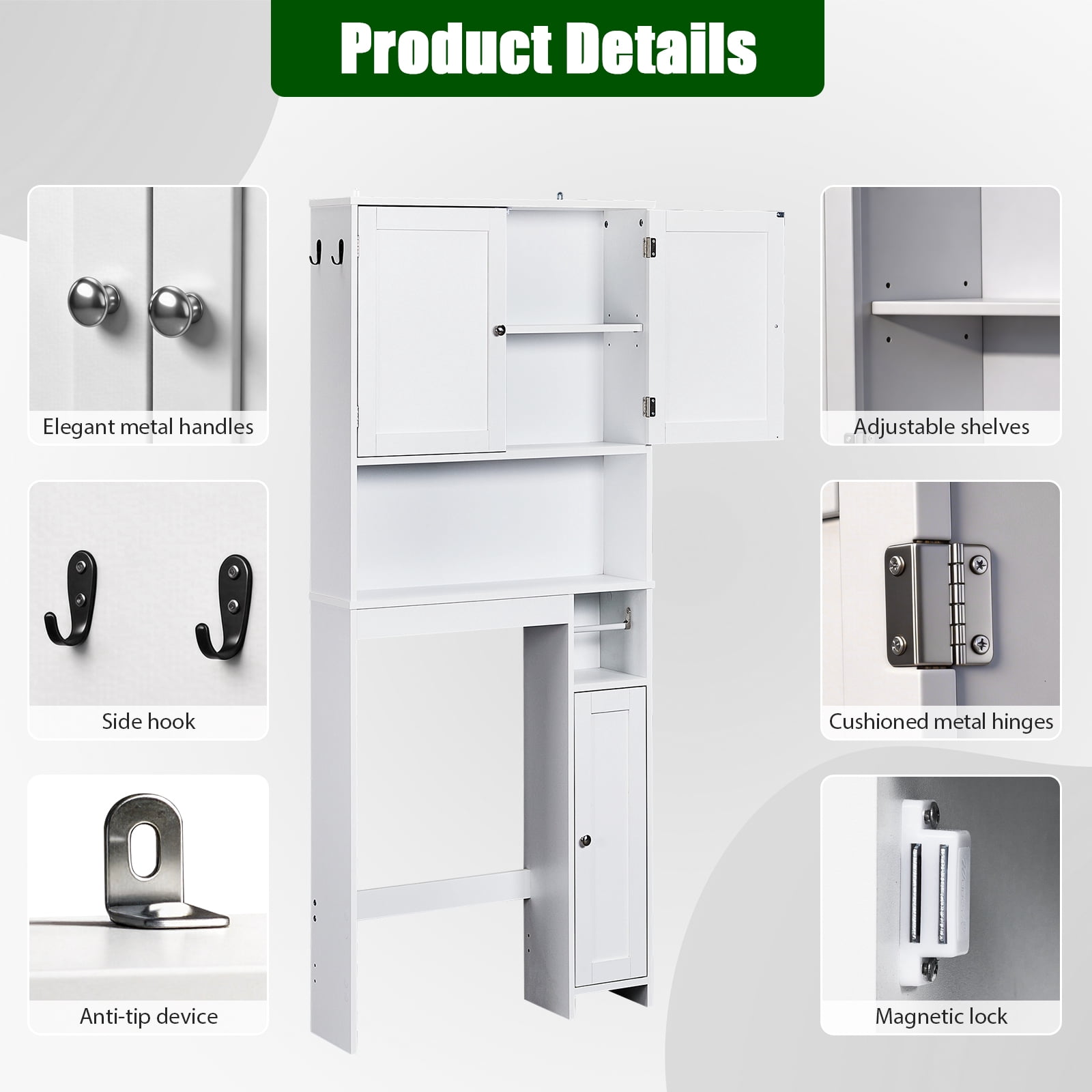 Ktaxon Over the Toilet Bathroom Storage Cabinet Space Saver with 2 Doors and 4 Adjustable Shelves, White