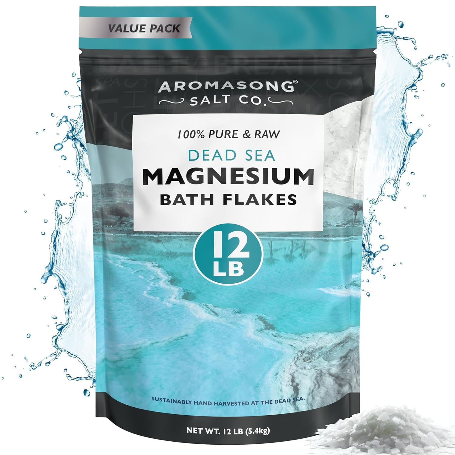 Aromasong Raw Magnesium Flakes for Bath, Dead Sea Magnesium Chloride Bath Salt, Unscented Mineral Soak, 12 lb