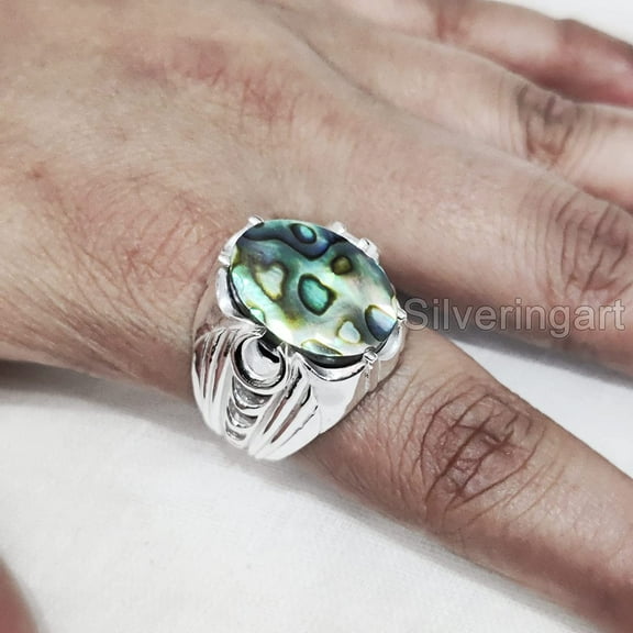 Abalone Shell Ring, Natural Flat Abalone Shell, Crescent Moon, Silver Jewelry, 925 Silver Ring, Birthday Gift, Heavy Mens Ring, Arabic Design, Ottoman Style Ring, Christmas, Turkey Mens Signet Ring