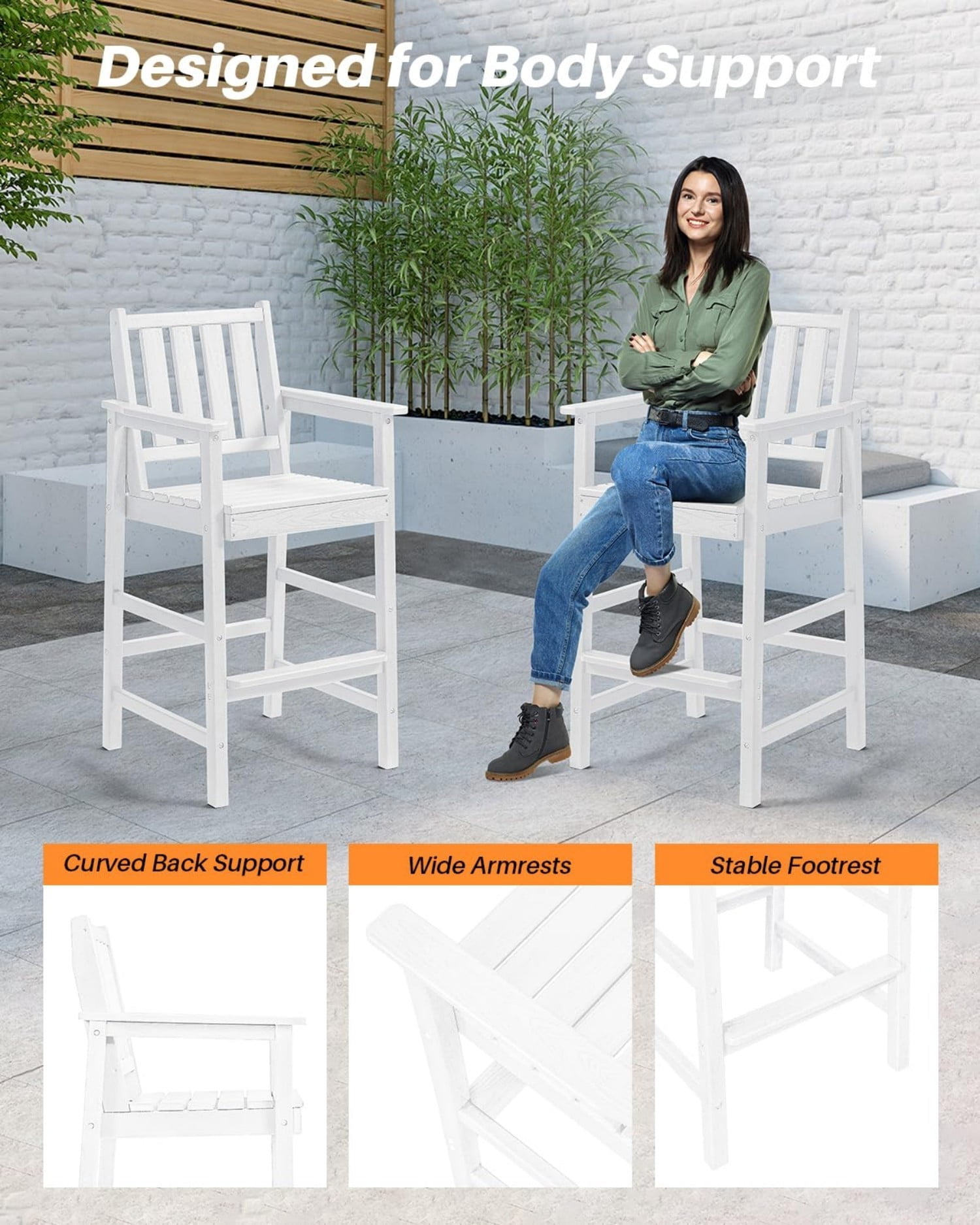 3-Piece Adirondack Bar Table Set, HDPE Outdoor Bar Height Chairs and Table Set, All Weather Patio Bar Furniture for Balcony, Porch, Garden, Poolside, Pearl