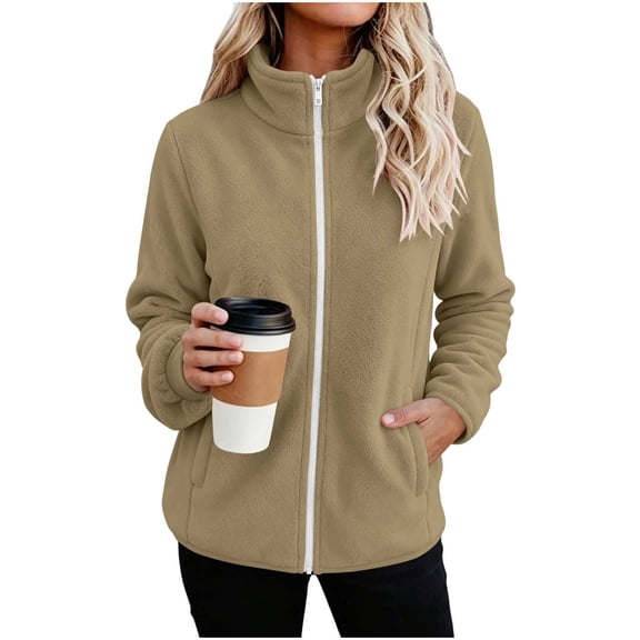 Karight Women's Full-Zip Fleece Jacket with Stand Collar and Side Pockets Warm Long Sleeve Casual Winter Coat