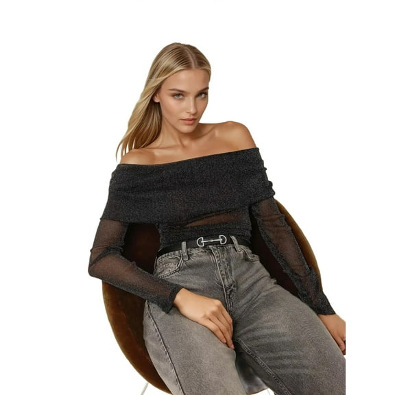 Off Shoulder Glitter Tulle Blouse