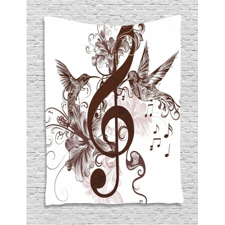 Music Decor Tapestry, Cute Floral Design with Treble Clef and Singing Flying Birds Sparrows Artwork, Wall Hanging for Bedroom Living Room Dorm Decor, 40W X 60L Inches, Red Brown, by Ambesonne