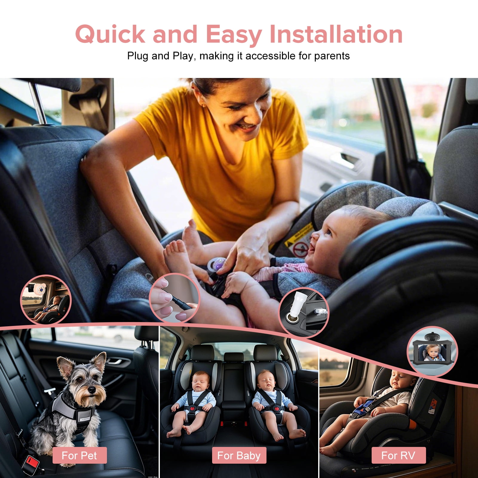 Baby Car Camera 5 inch Monitor for Backseat Simple Installation Carseat Camera with Rear-Facing Infant Monitoring IR Night Vision and 360° Rotatable Baby Car Monitor for Children(Pink))