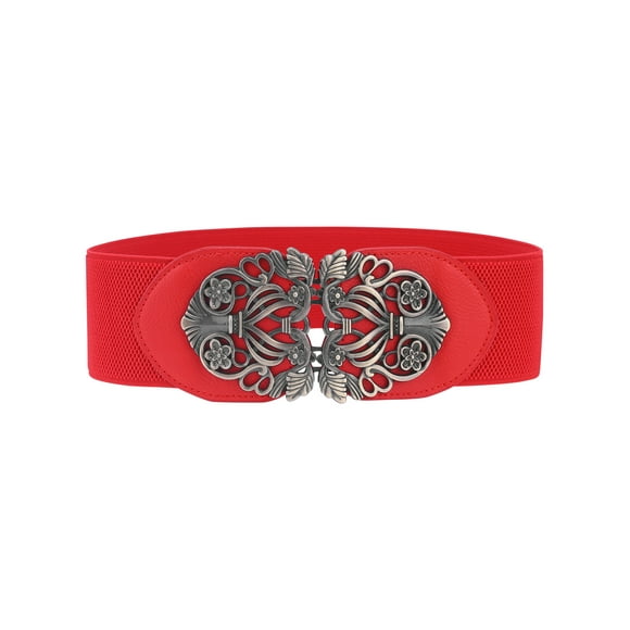 Cinturón elástico con hebilla entrelazada de metal tejido retro Inspire Chic, hebilla floral - Banda roja - Hebilla de bronce 25"-37"