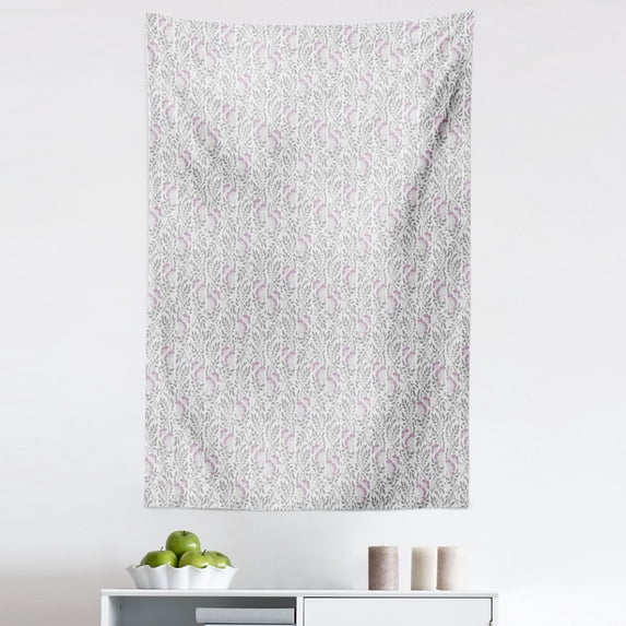 Spring Tapestry, Art Deco Inspired Ornament Vintage Pattern with Sprig and Berry Silhouettes, Fabric Wall Hanging Decor for Bedroom Living Room Dorm, 5 Sizes, Grey and Grey Pink, by Ambesonne
