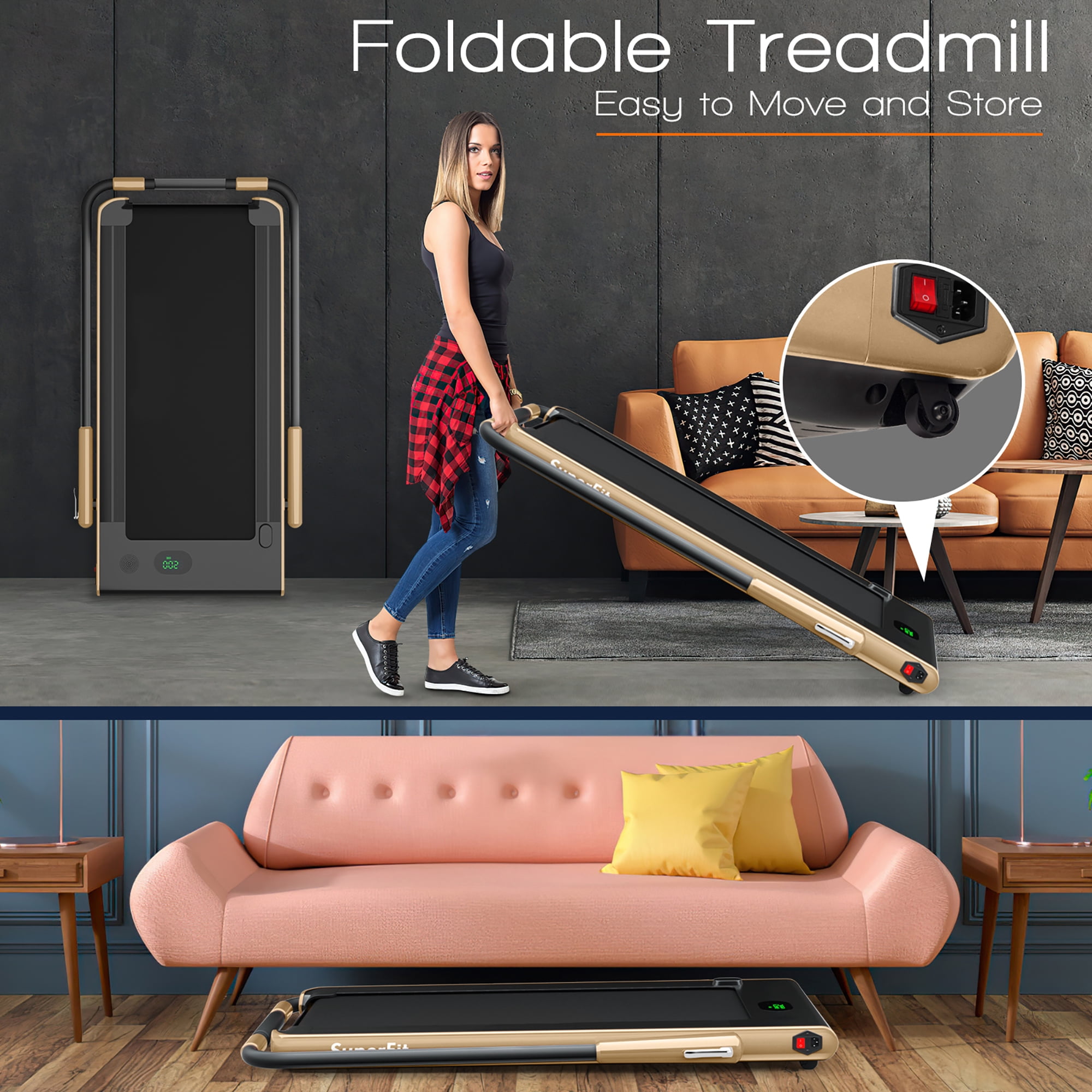 Costway Up To 7.5MPH 2.25HP 2-in-1 Folding Under Desk Treadmill W/Remote Control  Speaker  APP, Single Display Screen Gold