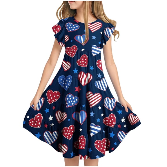 Virmaxy 6-15Y 4th of July Heart Print Tiered Dress with Pockets Flutter Sleeve Red White Blue Patriotic Summer Dress for Daily and Casual Wear