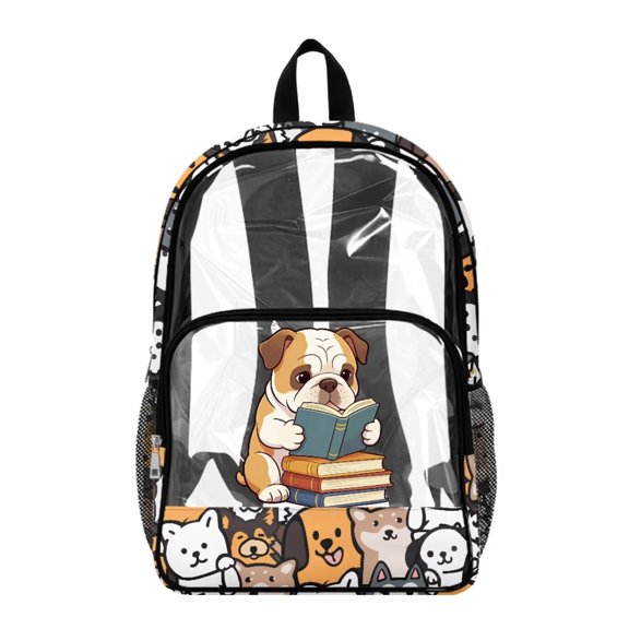 SEANATIVE Clear Backpacks for Girls Boys Preschool Elementary Kids Clear Backpack Transparent Bookbag See Through Daypack PVC Heavy Duty School Bag, British Bulldog Cartoon Dog
