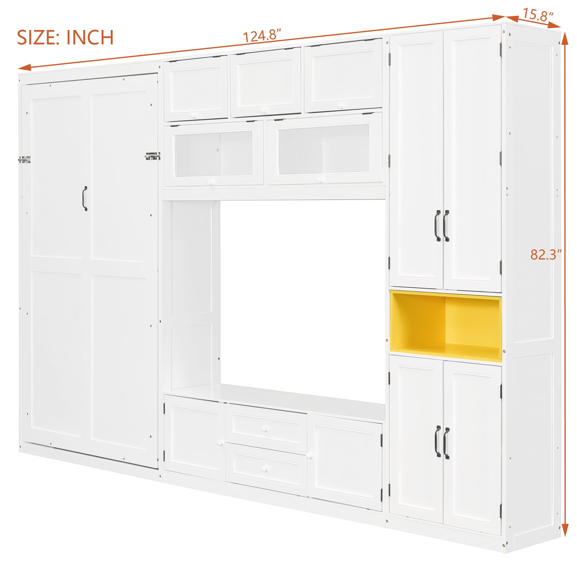 Mintazer Twin Foldable Murphy Bed with 82.3"H Wall Storage Cabinet, Shelves, TV Stand and 2 Drawers & 9 Cabinets for&nbsp;Bedroom Living Room, White