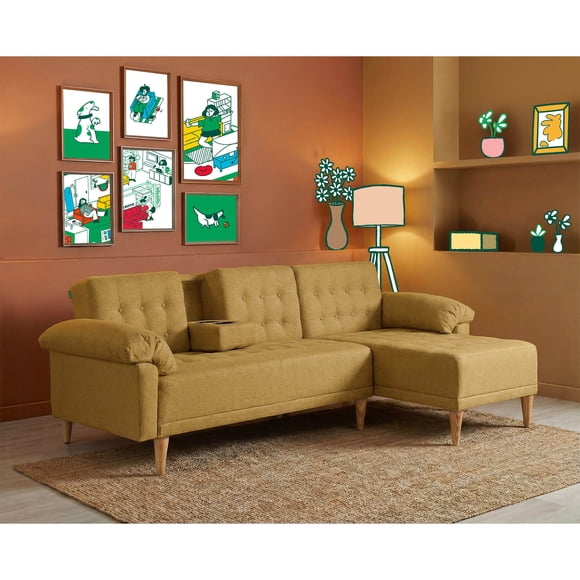 Sala Modular Reversible Makora Brunello Con Memory Foam, Color Mostaza, Lino Respaldo Reclinable De 3 posiciones.