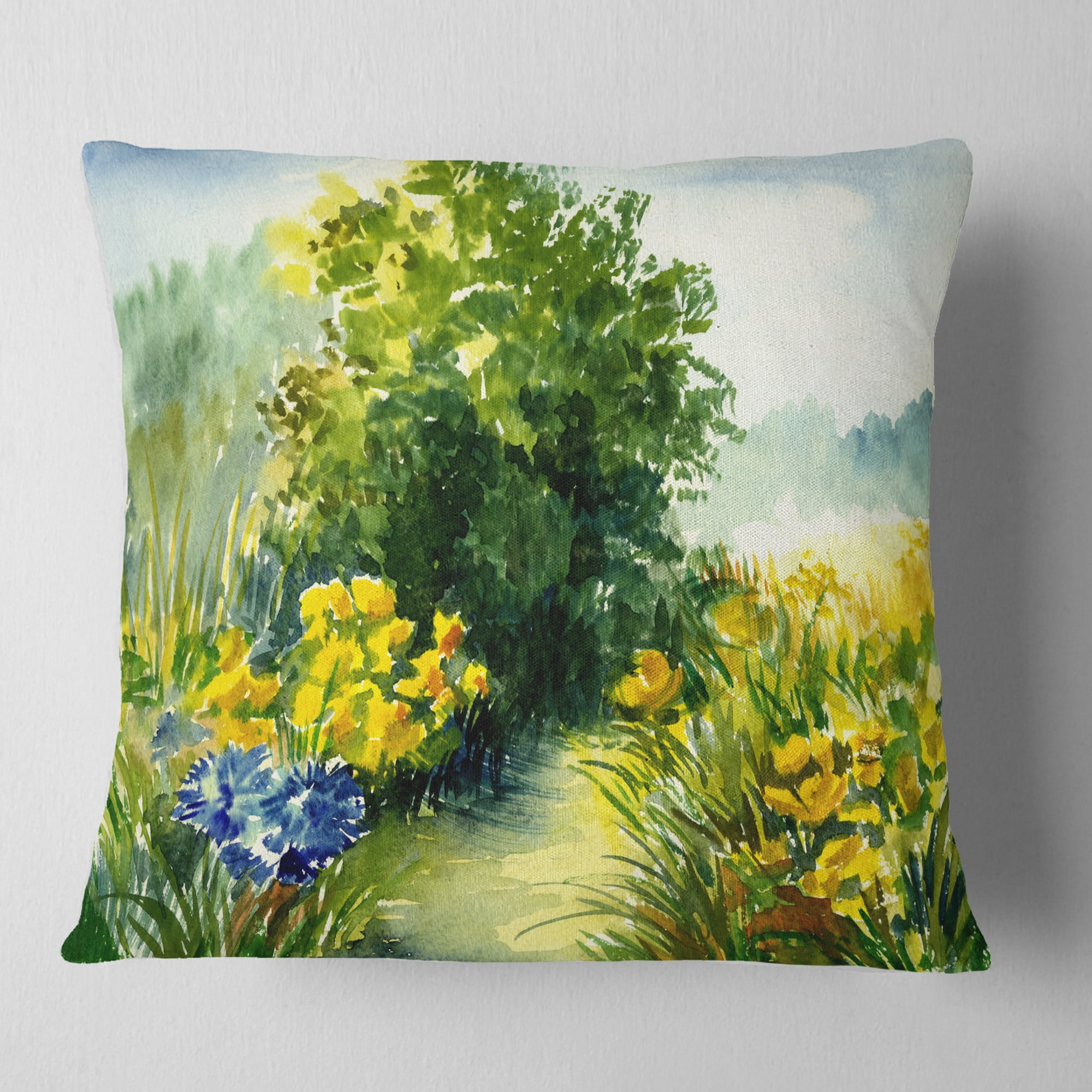 Designart Watercolor Greenery - Landscape Printed Throw Pillow - 16x16