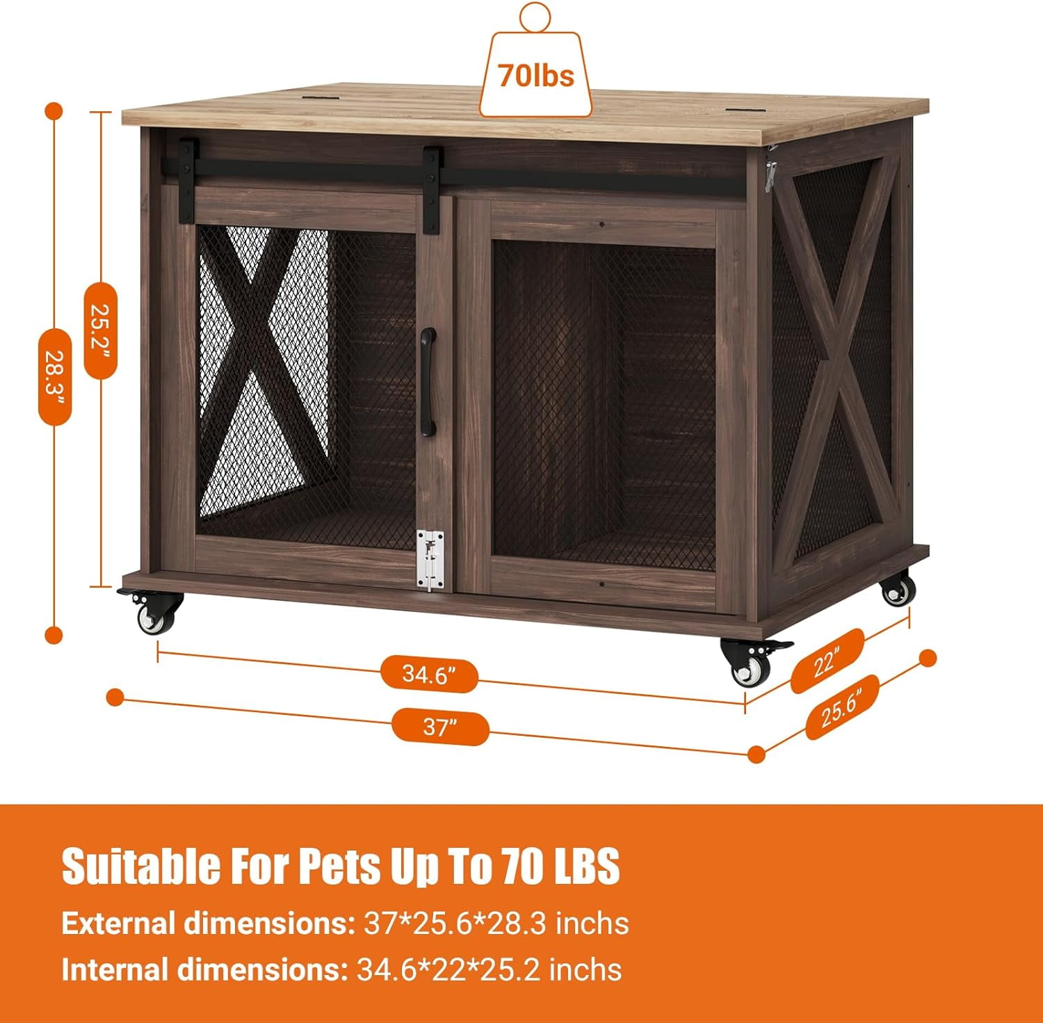 Studyset Dog Crate Furniture with Flip Top, 37" Dog Cage Furniture with Sliding Barn Door, Wheels and Removable Divider, Furniture Style Dog Crate Table, Indoor Dog Kennel for Large Dogs