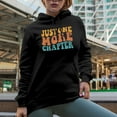 thumbnail image 2 of Just One More Chapter, Book Lover or Reading Enthusiast Themed, Groovy Retro Wavy Text Merch Gift, Black Hooded Sweatshirt or Hoodie, Small, 2 of 5