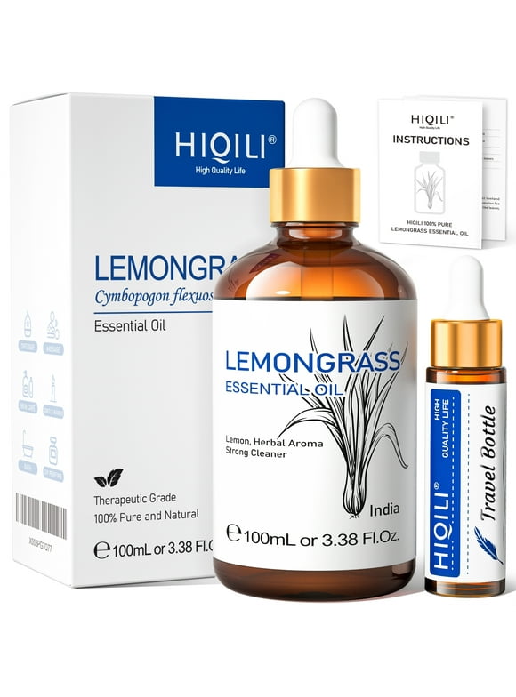 HIQILI Lemongrass Oil, Pure and Natural Undiluted Oil, for Diffuser, Hair, Skin Massage - 100ml