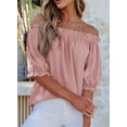 thumbnail image 4 of SHEWIN Womens Tops Off The Shoulder Blouses for Women Casual Spring Summer Cute Pleated Short Puff Sleeve T Shirts, 4 of 10