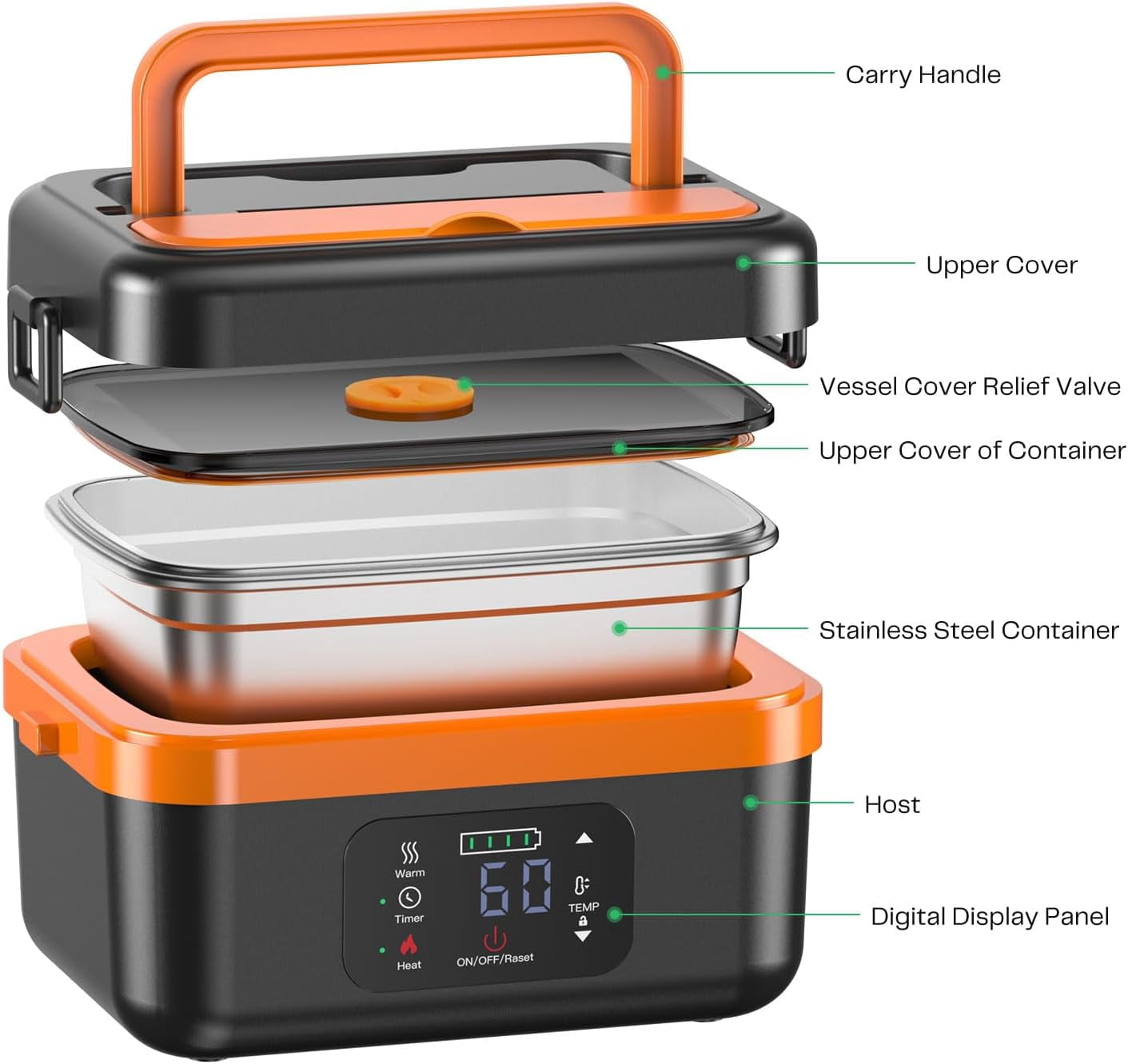 Cordless Electric Lunch Box for Adults, Rechargeable Self-Heating Lunch Box Food Warmer with Timer&Adjustable Heating,34oz/1L Stainless Container with Insulated Bag for Office,Picnic,Car&Outdoor Use