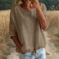 thumbnail image 6 of Helii Women's Cotton Linen Blouse – 3/4 Lantern Sleeve Round Neck Top, Plus Size Loose Fit Tunic with Drawstring Hem, Breathable Summer Shirt for Casual Vacation Brown,XL, 6 of 9