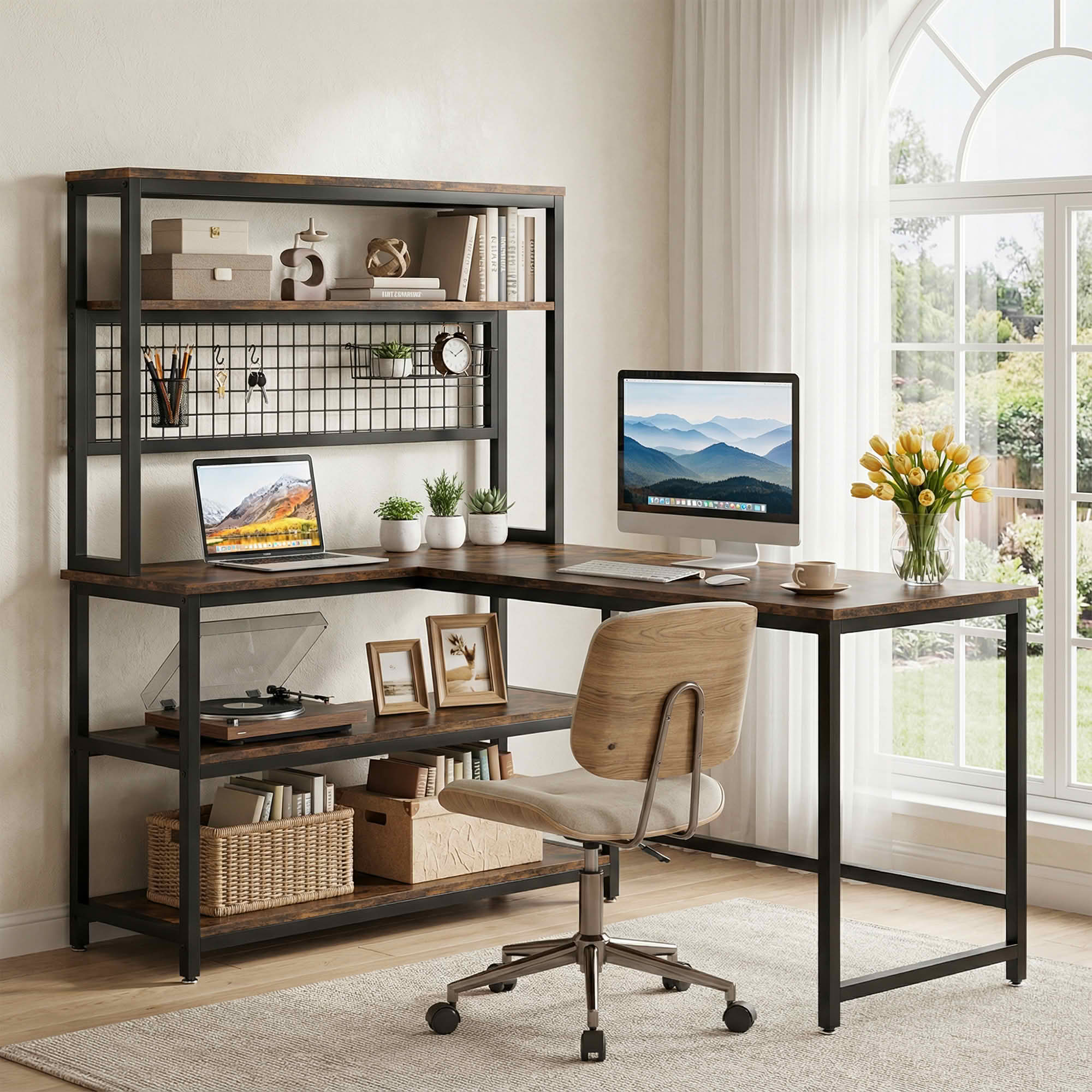 MAYEERTY 55" Large L-Shaped Office Desk with Built-In Charger, Waterproof Dustproof Corner Workstation with Storage Bookshelf for Home & Office