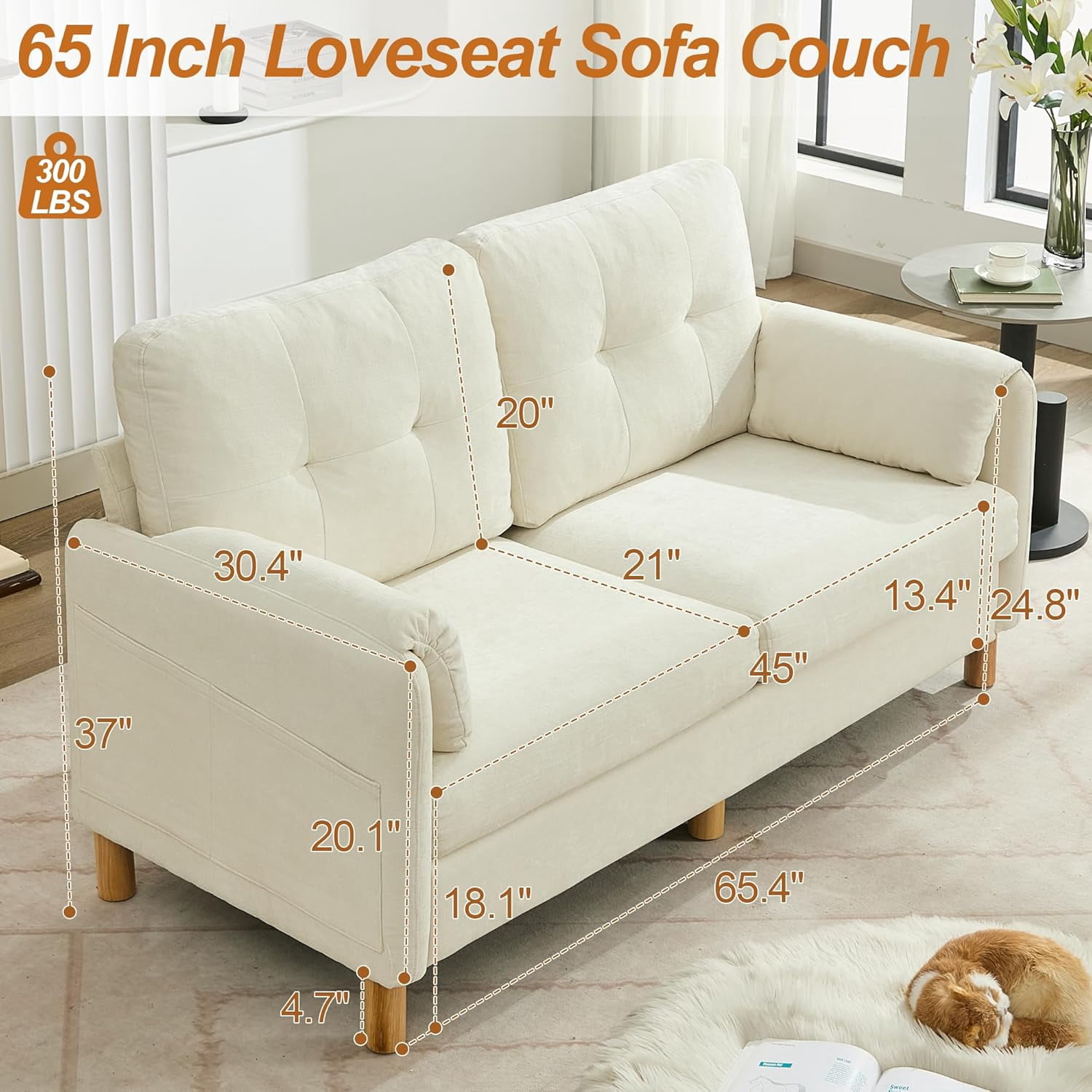 65" Chenille Loveseat Sofa, Modern 2-Seater Love Seat Couch with Armrest Pillows,Upholstered Tufted Loveseat Couches for Living Room Bedroom, Beige