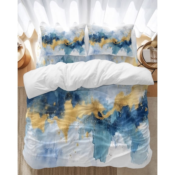 Watercolor Modern Art Bedding Duvet Cover Set Queen Size 4 Pieces Gold Blue Blooming Effect Bedding Set with Zipper Closure, 1 Comforter Cover 90x90 Inches 1 Flat Sheet & 2 Pillow Cases