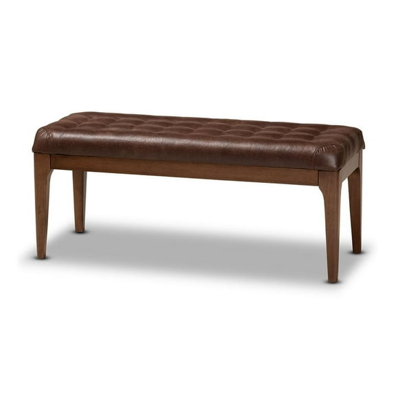 Mid-Century Modern Dining Bench - Dark Brown Faux Leather & Walnut Wood - Living Room Seating