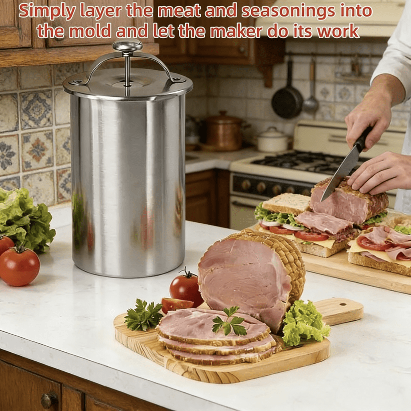 Upgrade Stainless Steel Deli Meat Press with Thermometer & Spring Mechanism, Maker Lunch Meats Presss for Healthy Home Cooking , Stainless Steel Ham Press Maker